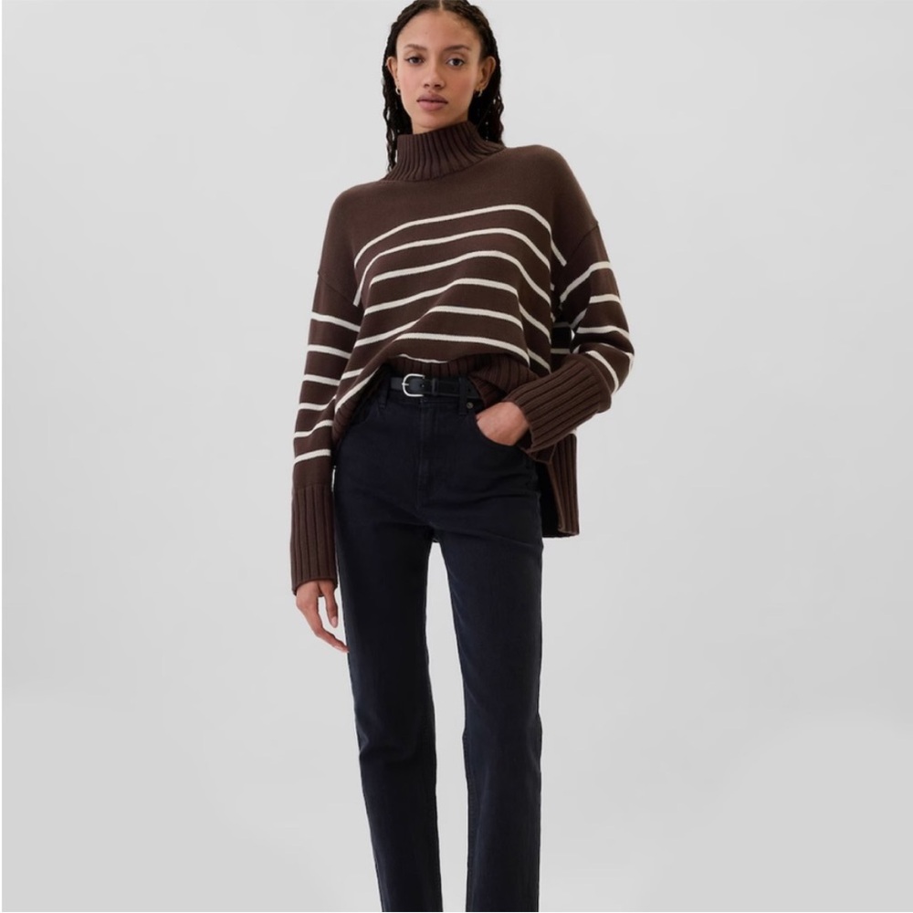 NWOT Gap Small Oversized 24/7 Split-Hem Mockneck Sweater Brown Striped Rib Trim - Picture 2 of 8